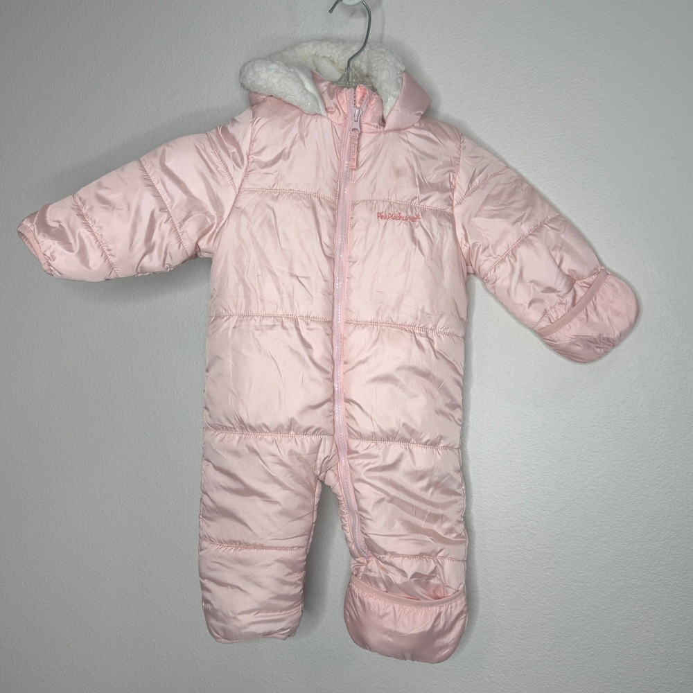 PINK PLATINUM Girls Snow Suit Bunting 9-12 Mnth Pink Hood Fleece Lining Winter
